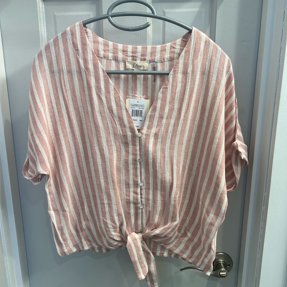 Elan Pink and White Striped Tie-Front Blouse